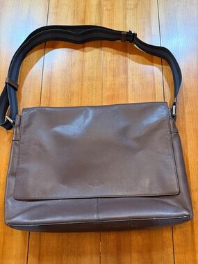 Coach Brown Leather Messenger Bag with Striped Adjustable Strap
